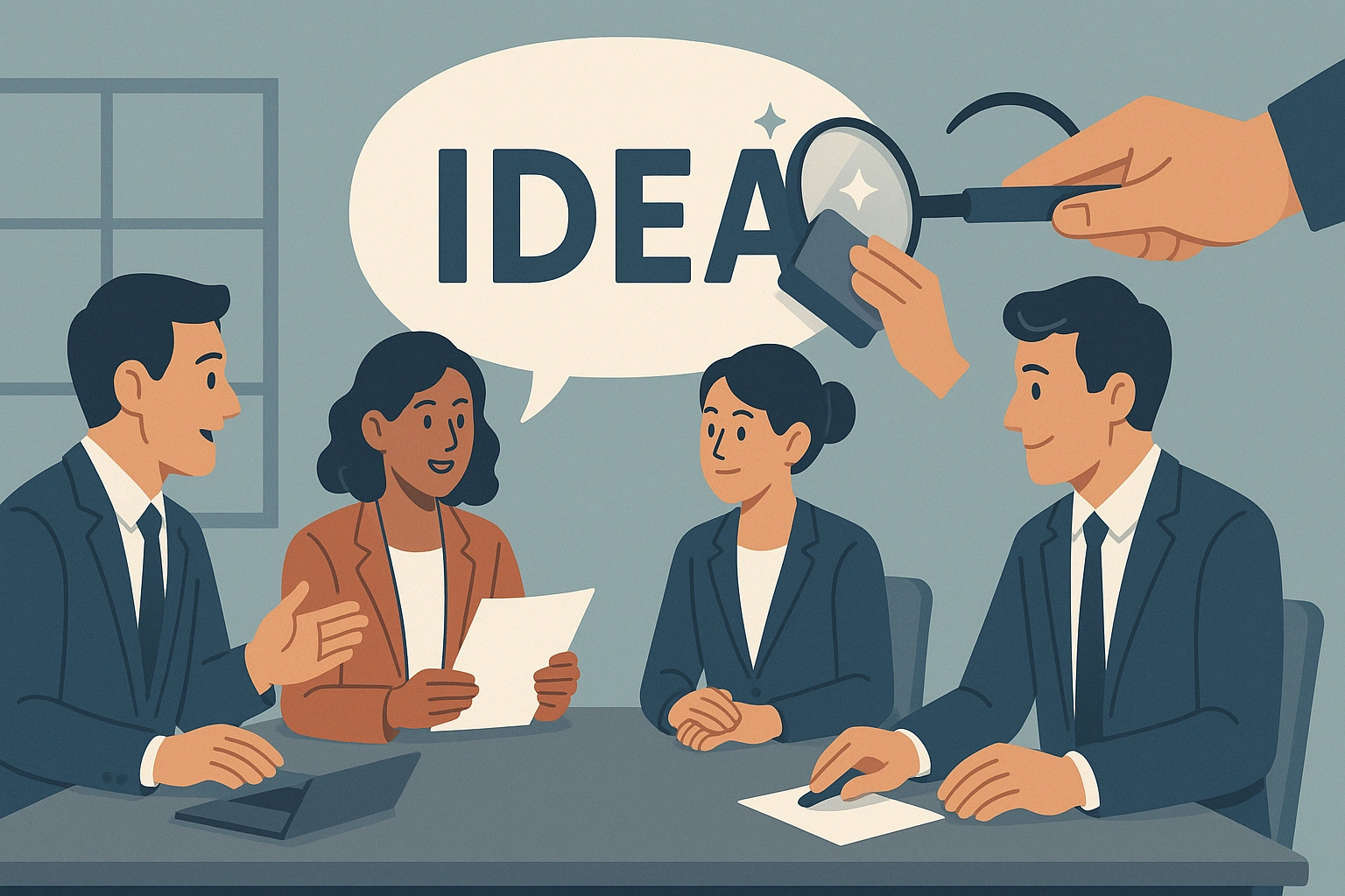 会議で言葉の案を出して磨くイメージ（16:9）